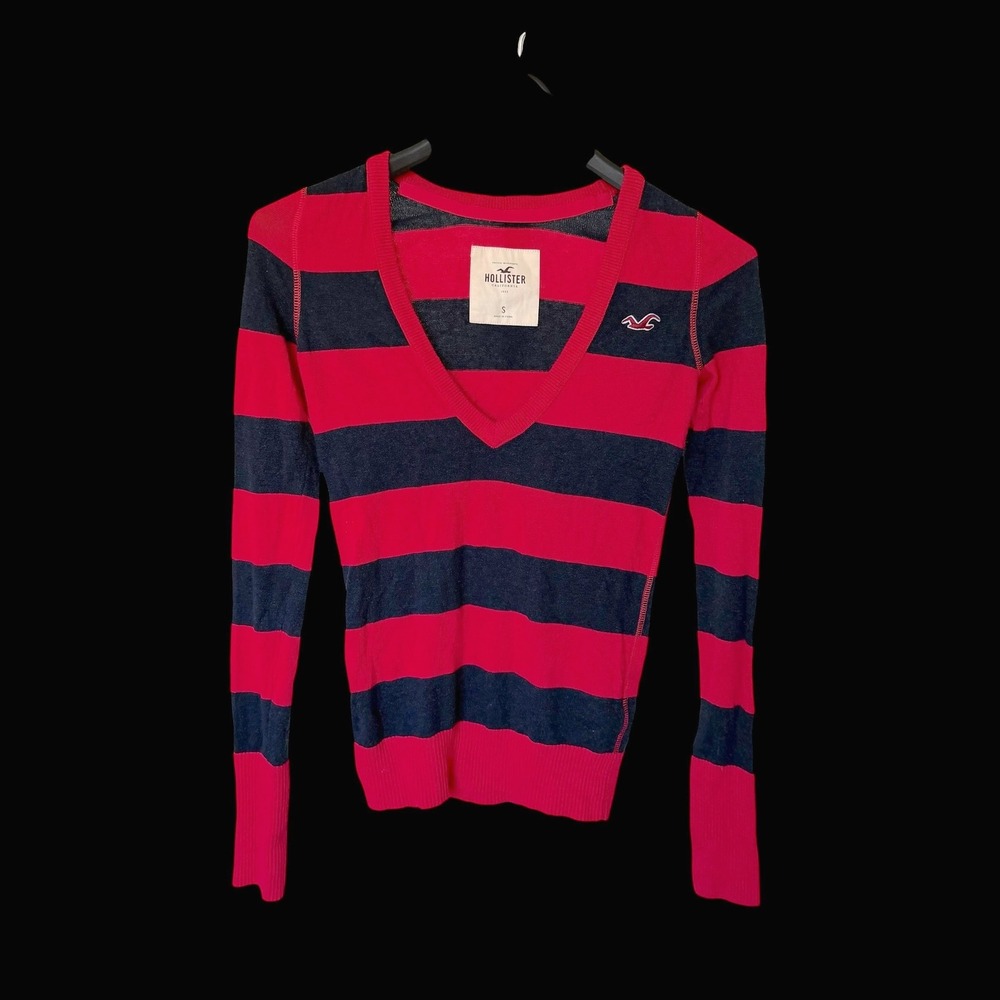 Y2K Hollister V-Neck Striped Sweater Red Blue Small Preppy Babydoll